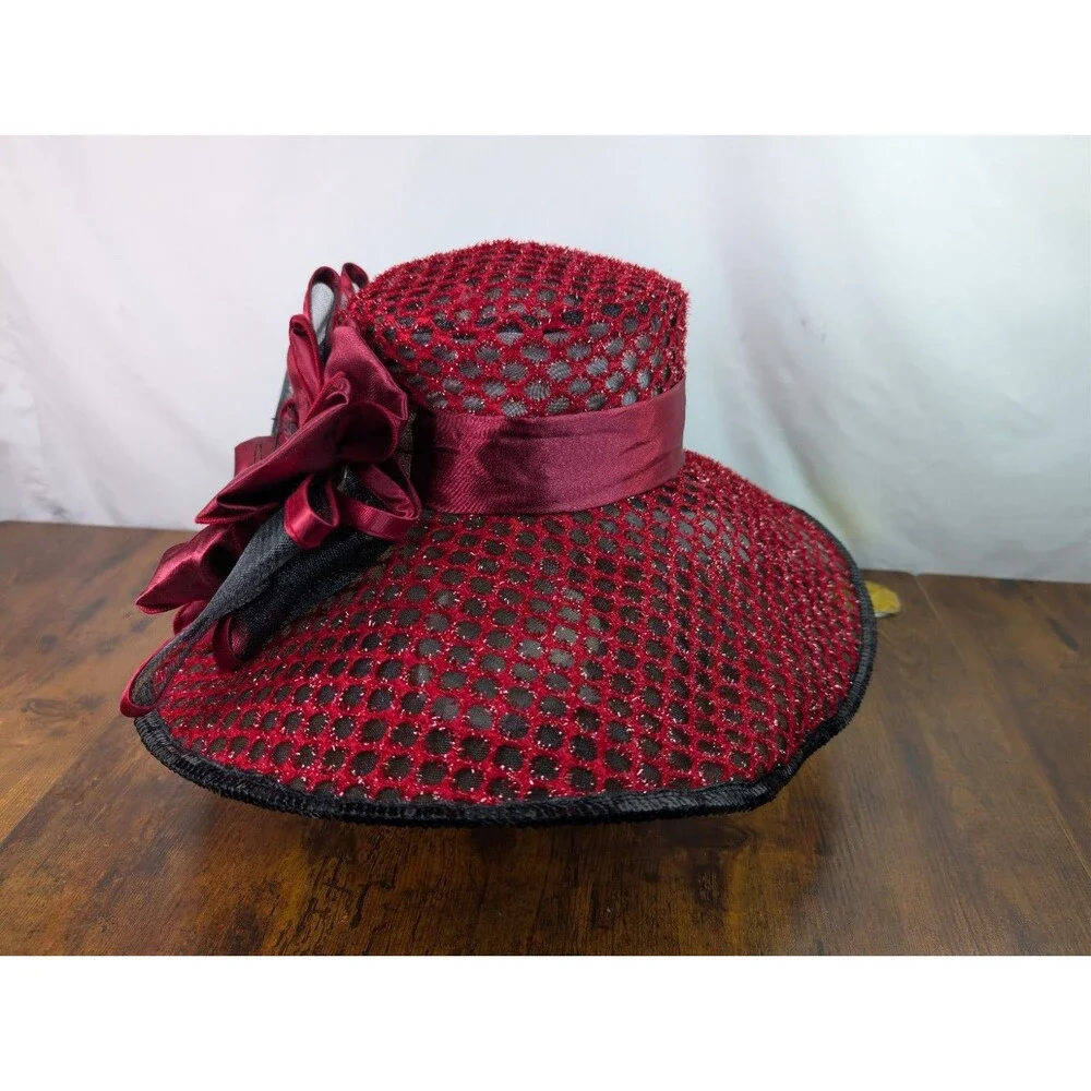 NWT FS Professional Ladies Hat Red Black Wide Brim Kentucky Derby Church Tea